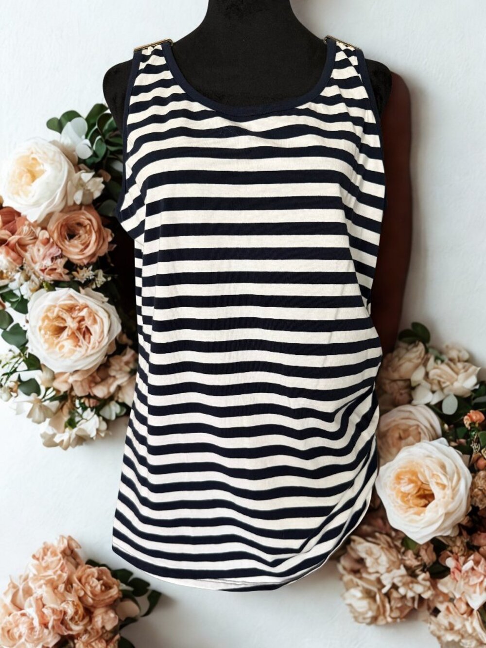 Michael Kors Navy & White Striped Ruche Tank Top - With Gold Accents